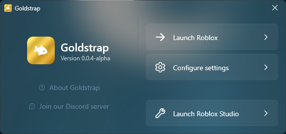 Goldstrap launcher home screen with buttons to launch Roblox, configure settings and launch Roblox Studio