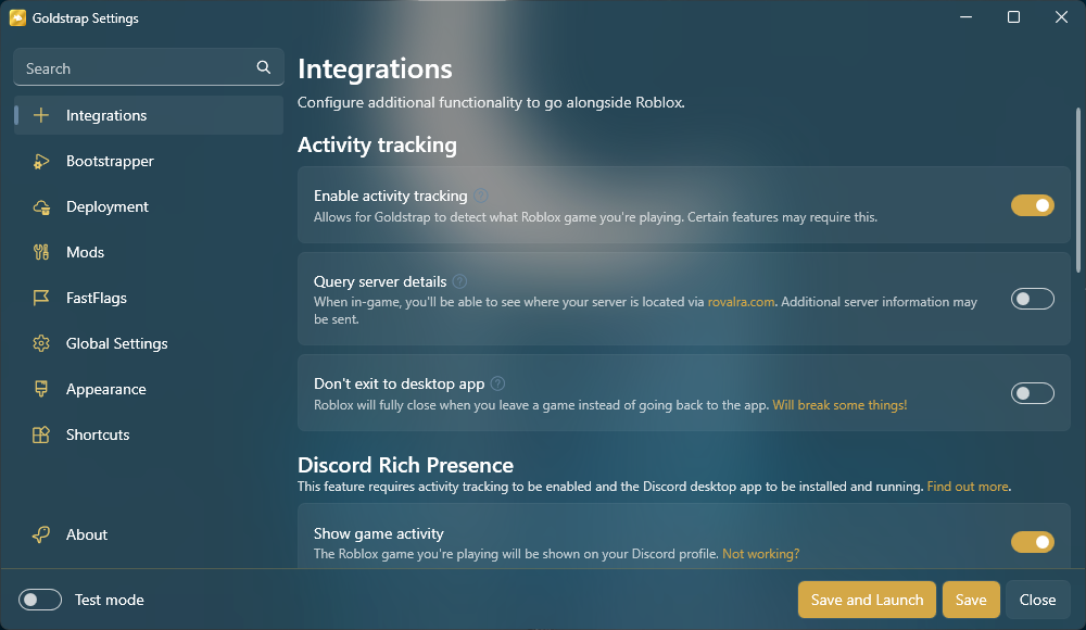 Goldstrap settings window showing the Integrations page with activity tracking and Discord Rich Presence toggles