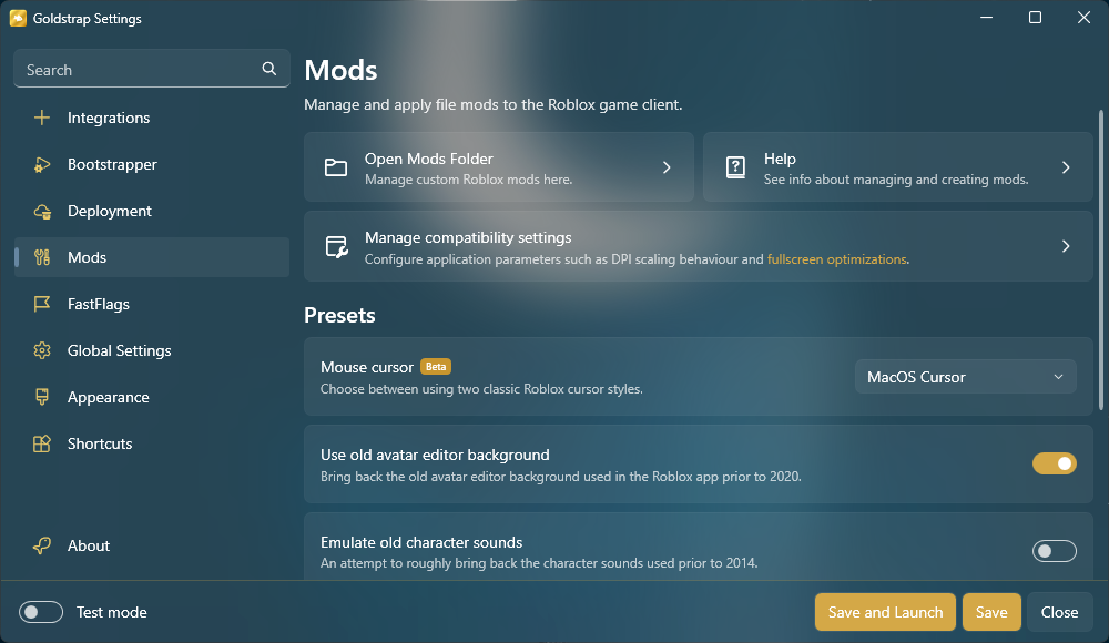Goldstrap Mods settings with mod folder, compatibility settings and presets such as mouse cursor styles