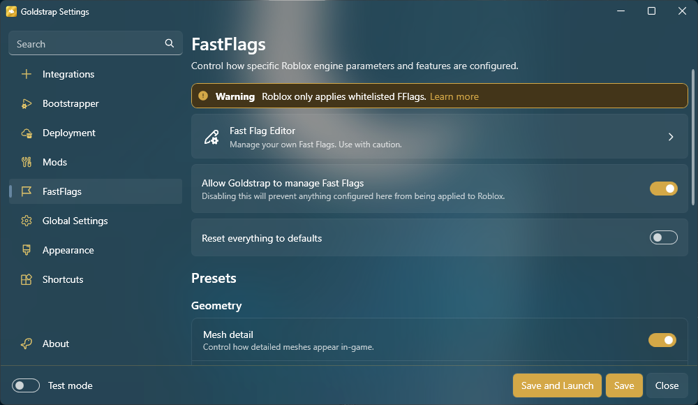 Goldstrap FastFlags settings with a warning banner, Fast Flag Editor entry and geometry presets